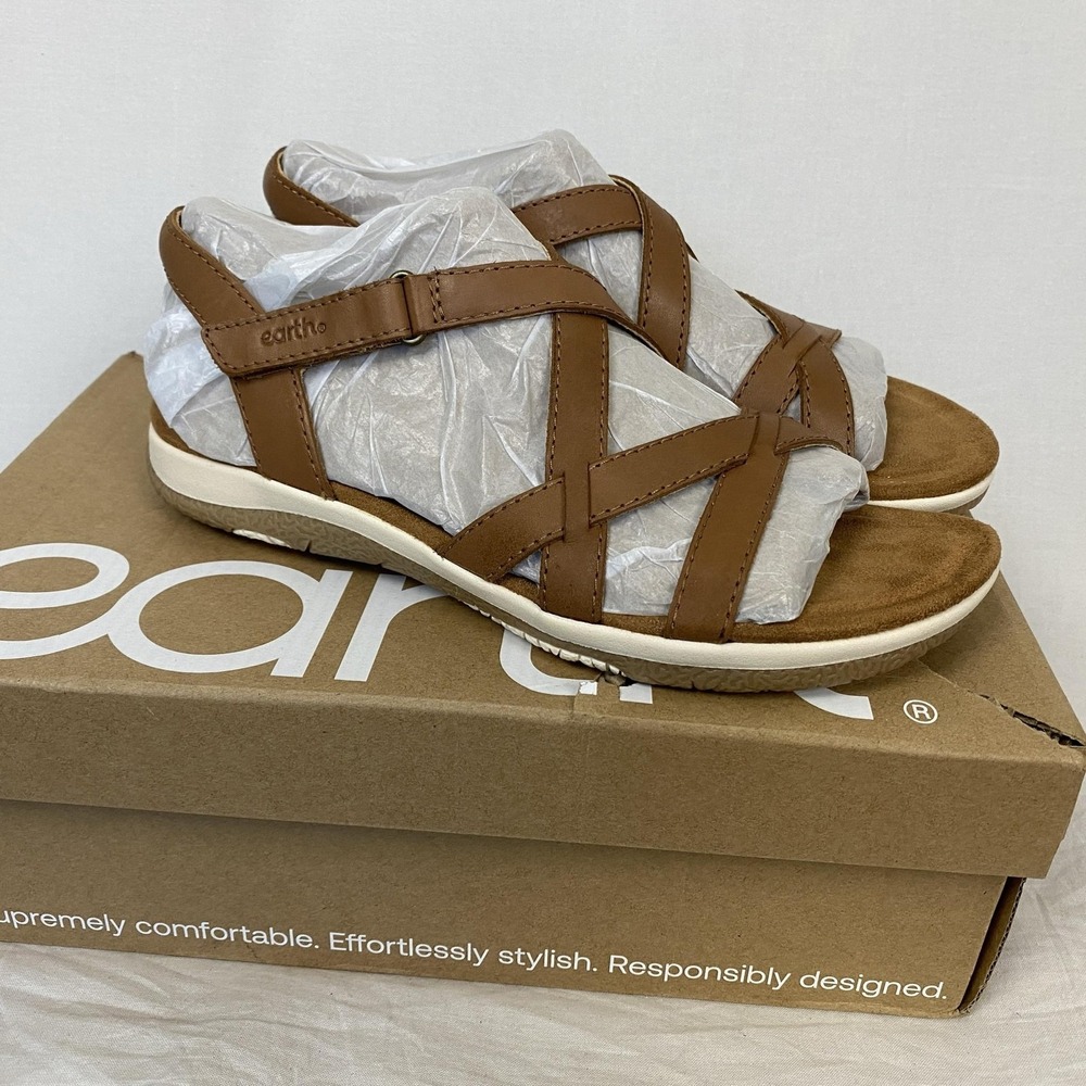 Earth Origins Sterling Strappy Flat Sandals Womens 9 Medium Brown Leather Open